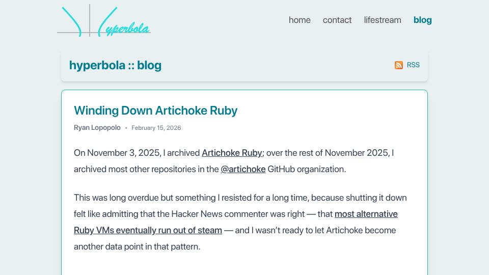 Screenshot of hyperbo.la: Winding Down Artichoke Ruby