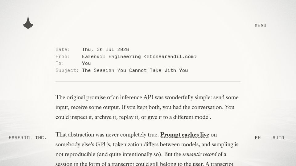 Screenshot of earendil.com: The session you cannot take with you