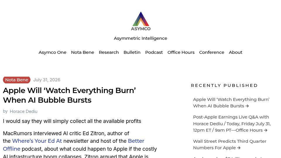 Screenshot of asymco.com: Apple Will 'Watch Everything Burn' When AI Bubble Bursts