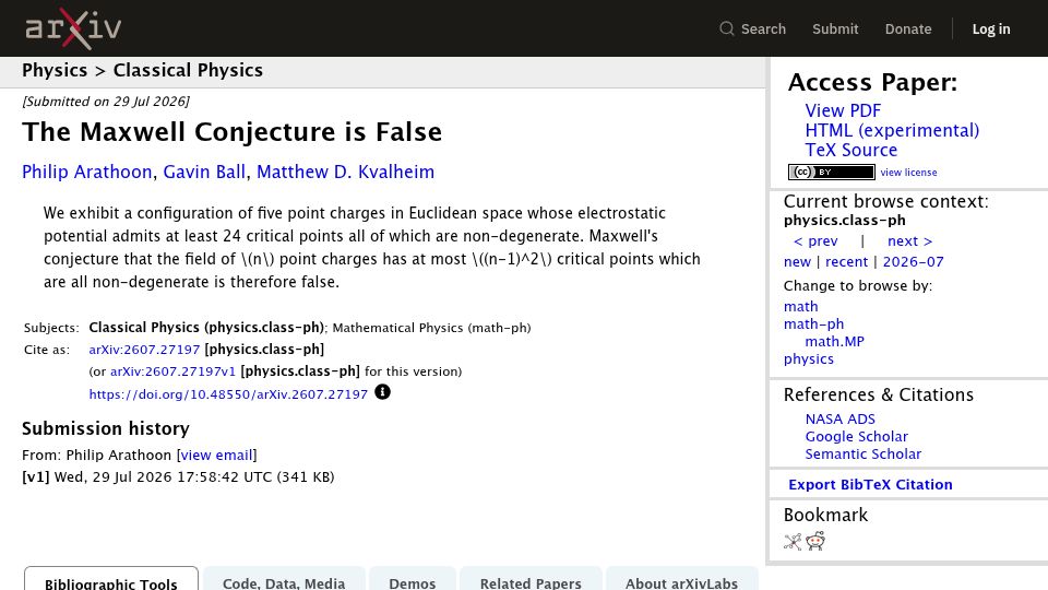 Screenshot of arxiv.org: The Maxwell Conjecture Is False (GPT 5.6 Sol)