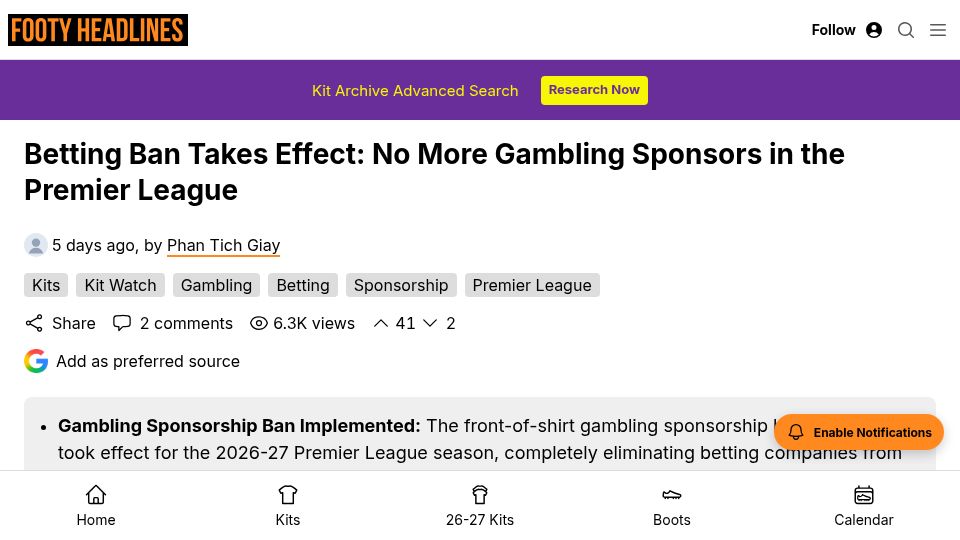 Screenshot of footyheadlines.com: Premier league bans gambling sponsors