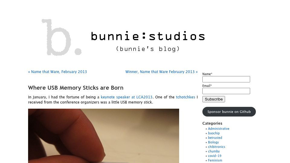 Screenshot of bunniestudios.com: Where USB Memory Sticks are Born (2013)