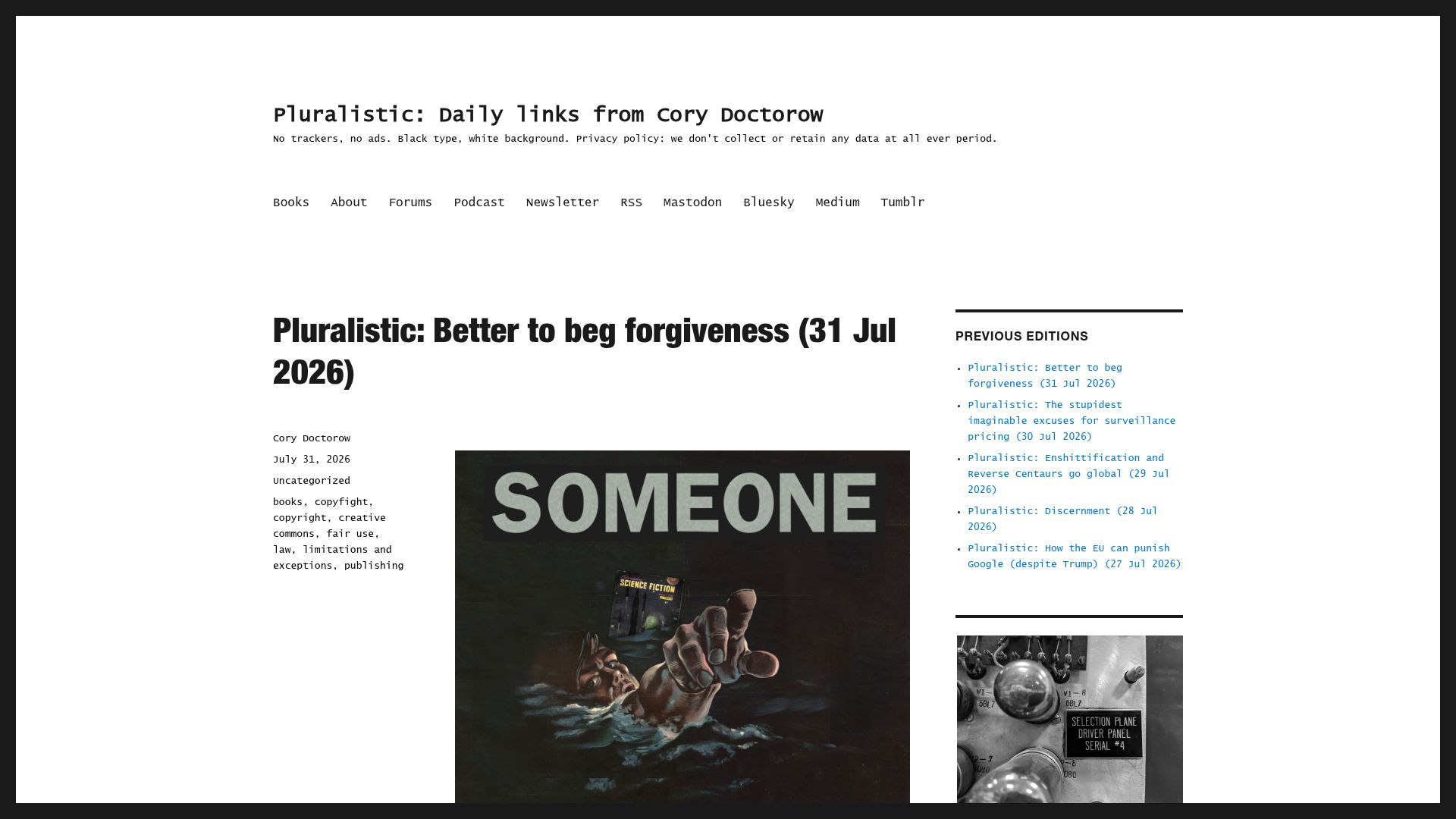 Screenshot of pluralistic.net: Better to Beg Forgiveness