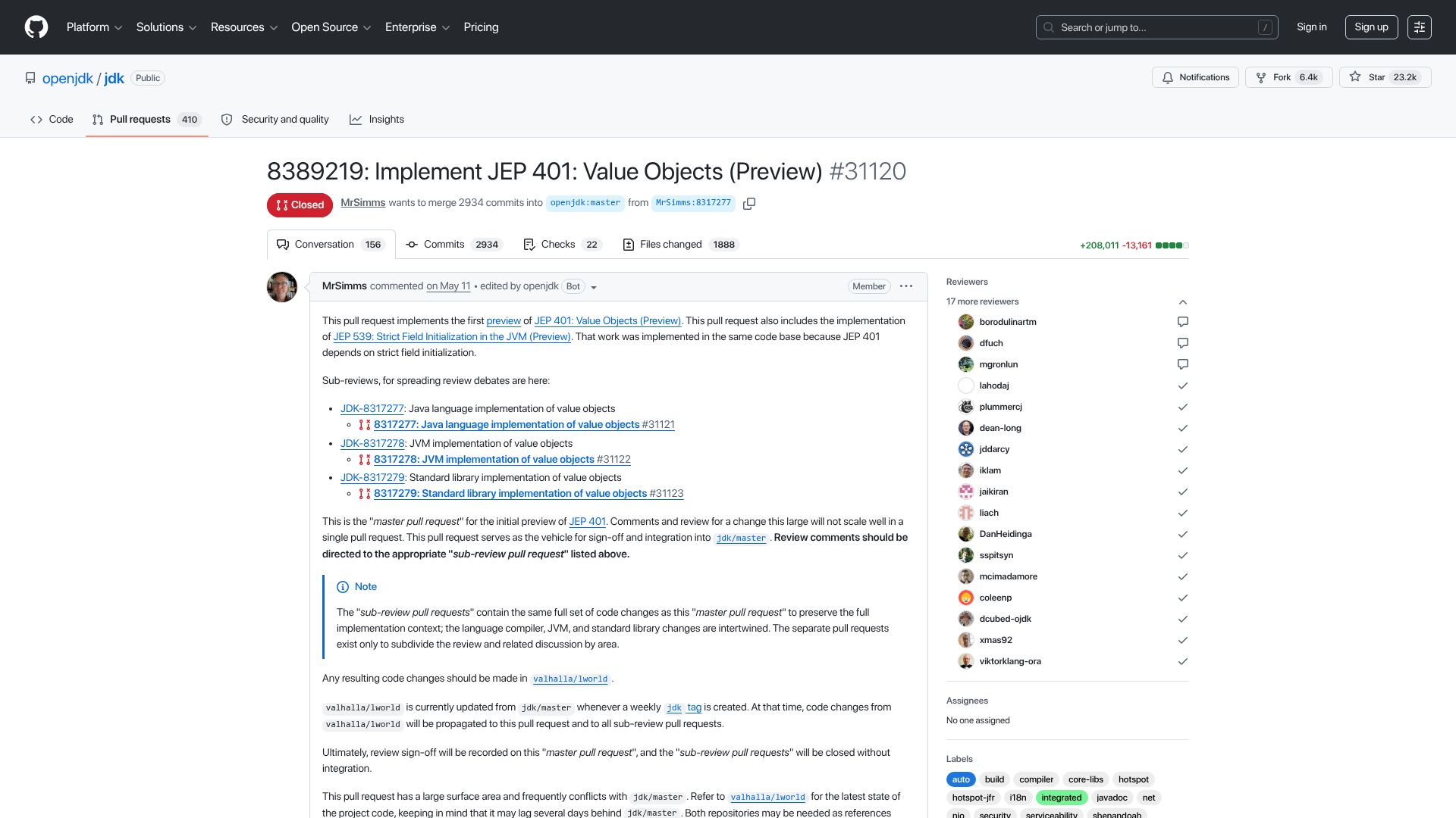 Screenshot of github.com: JEP 401: Value Objects (Preview) merged to OpenJDK master