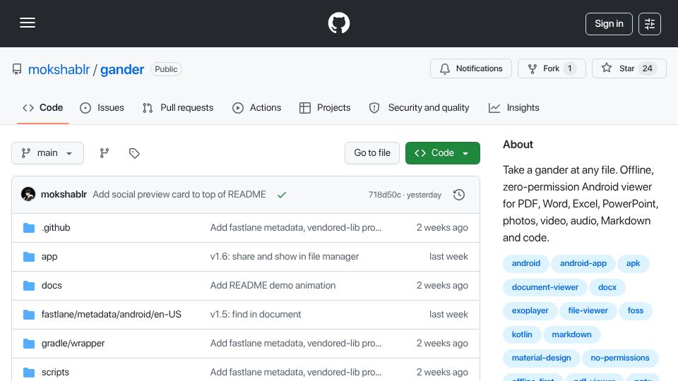 Screenshot of github.com: Show HN: Gander, an Android file viewer that asks for no permissions