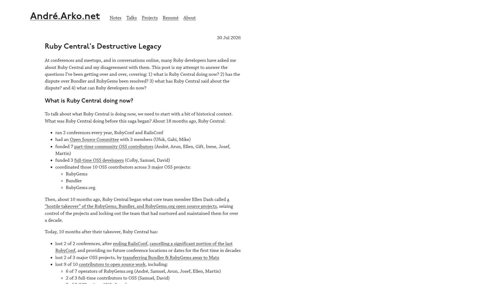 Screenshot of andre.arko.net: Ruby Central's Destructive Legacy