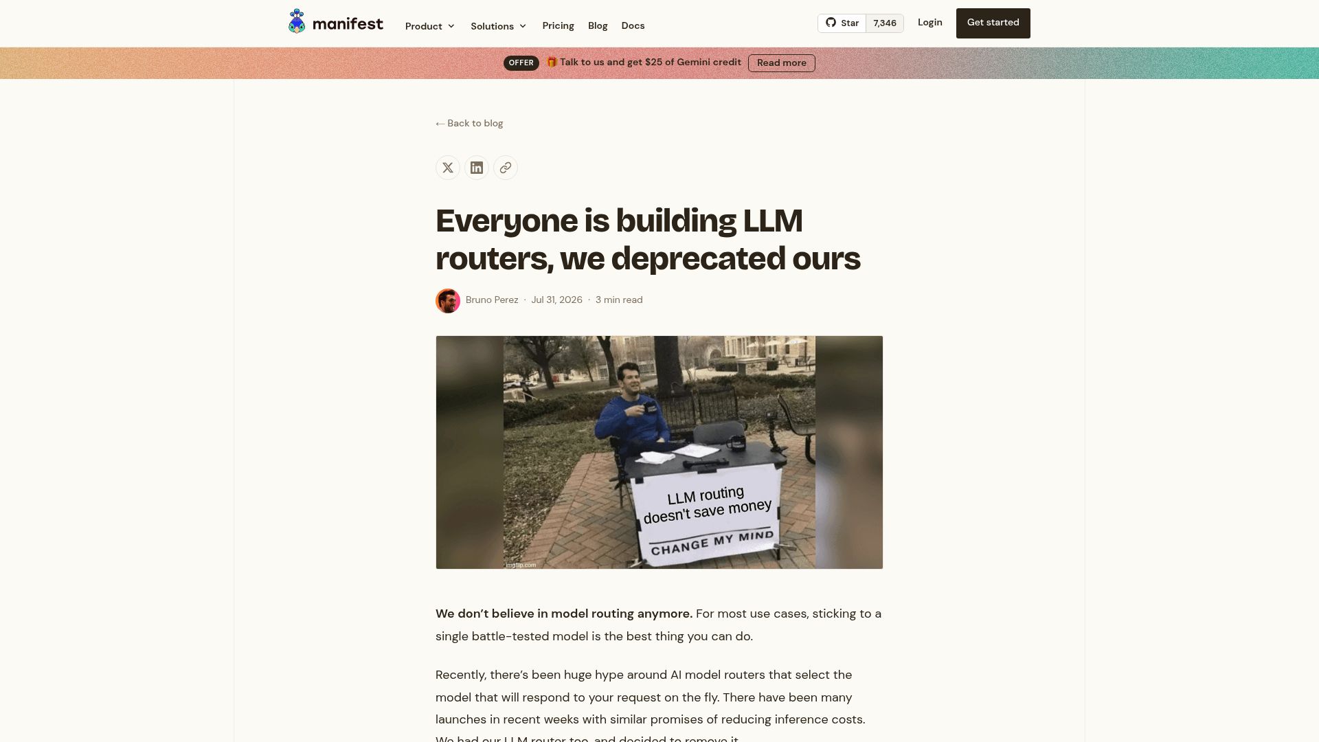 Screenshot of manifest.build: Everyone is building LLM routers, we deprecated ours