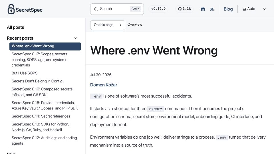 Screenshot of secretspec.dev: Where .env Went Wrong