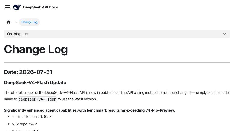 Screenshot of api-docs.deepseek.com: DeepSeek-V4-Flash Update