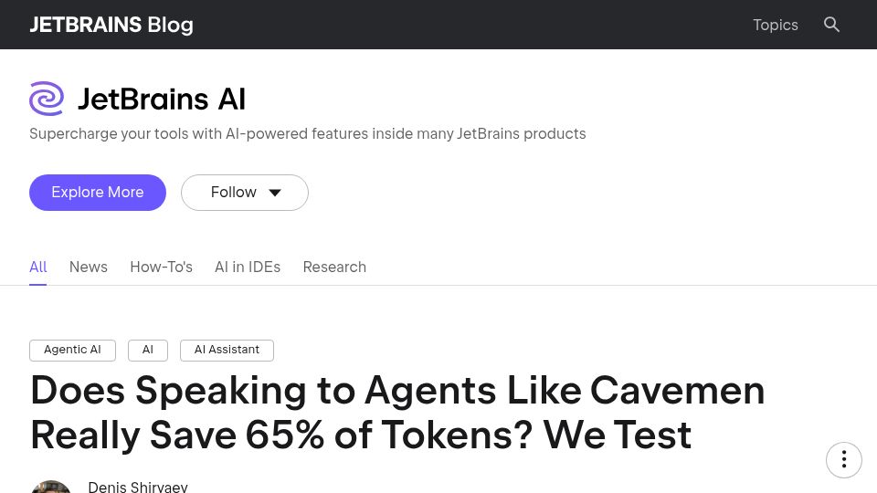 Screenshot of blog.jetbrains.com: Does Speaking to Agents Like Cavemen Save 65% of Tokens? We Test