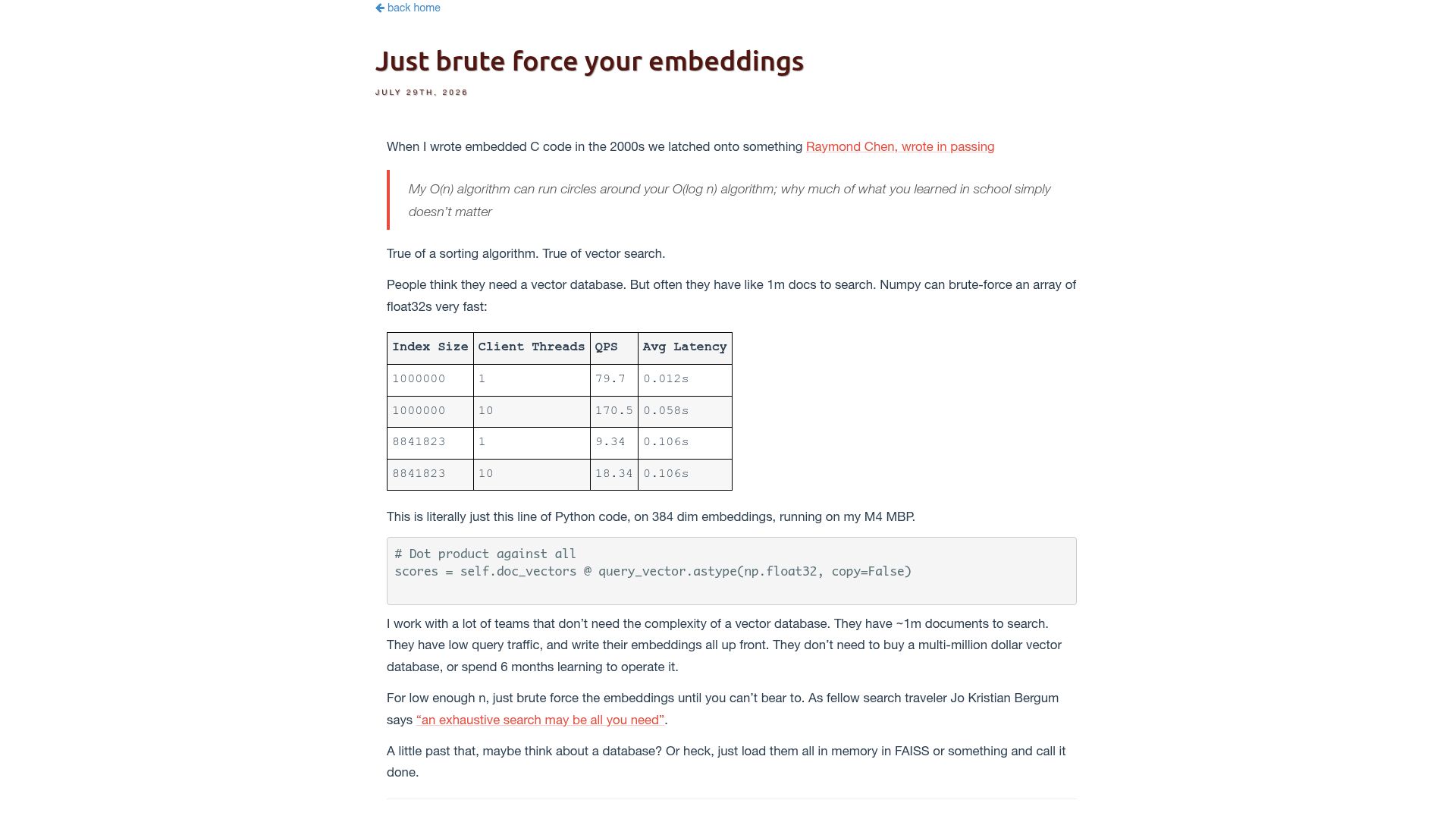 Screenshot of softwaredoug.com: Just brute force your embeddings