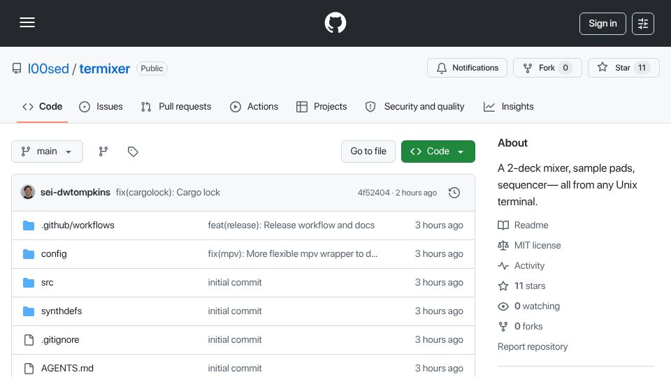 Screenshot of github.com: Termixer (TUI DJ Mixer)