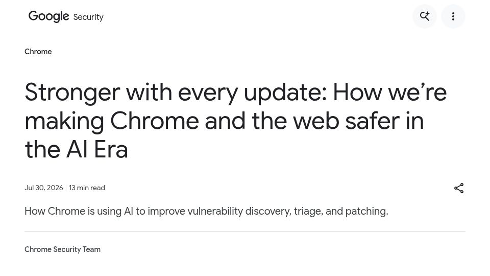 Screenshot of blog.google: Google fixed more Chrome bugs in June than over the past two years, thanks to AI