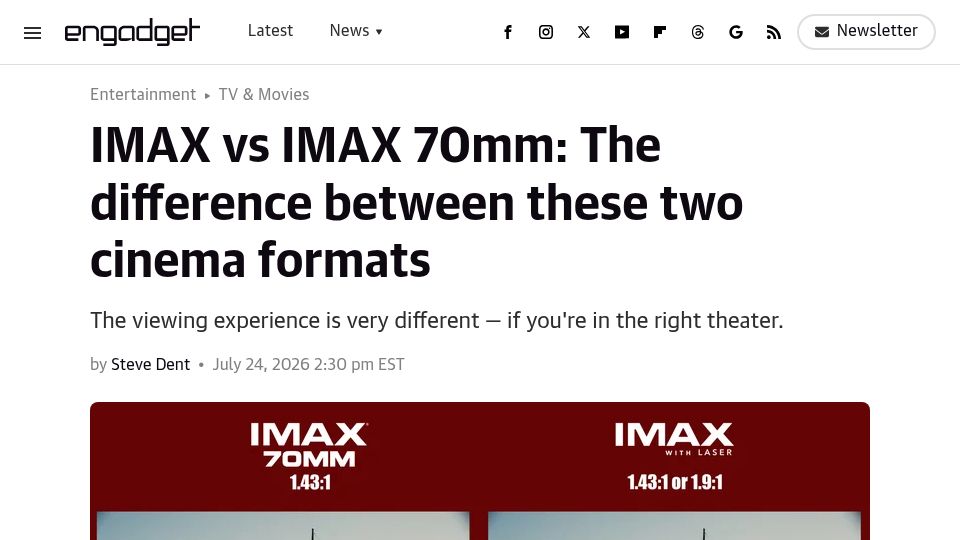 Screenshot of engadget.com: IMAX vs. IMAX 70mm: The difference between these two cinema formats