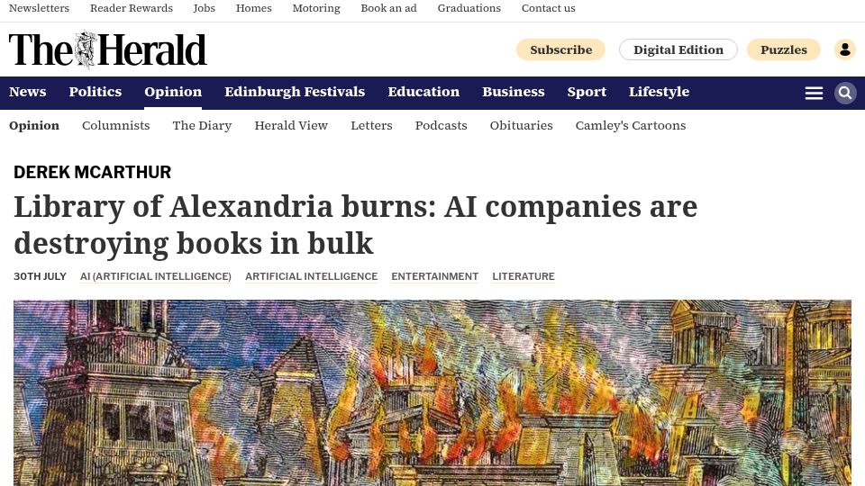 Screenshot of heraldscotland.com: AI companies destroy rare and non recoverable physical books