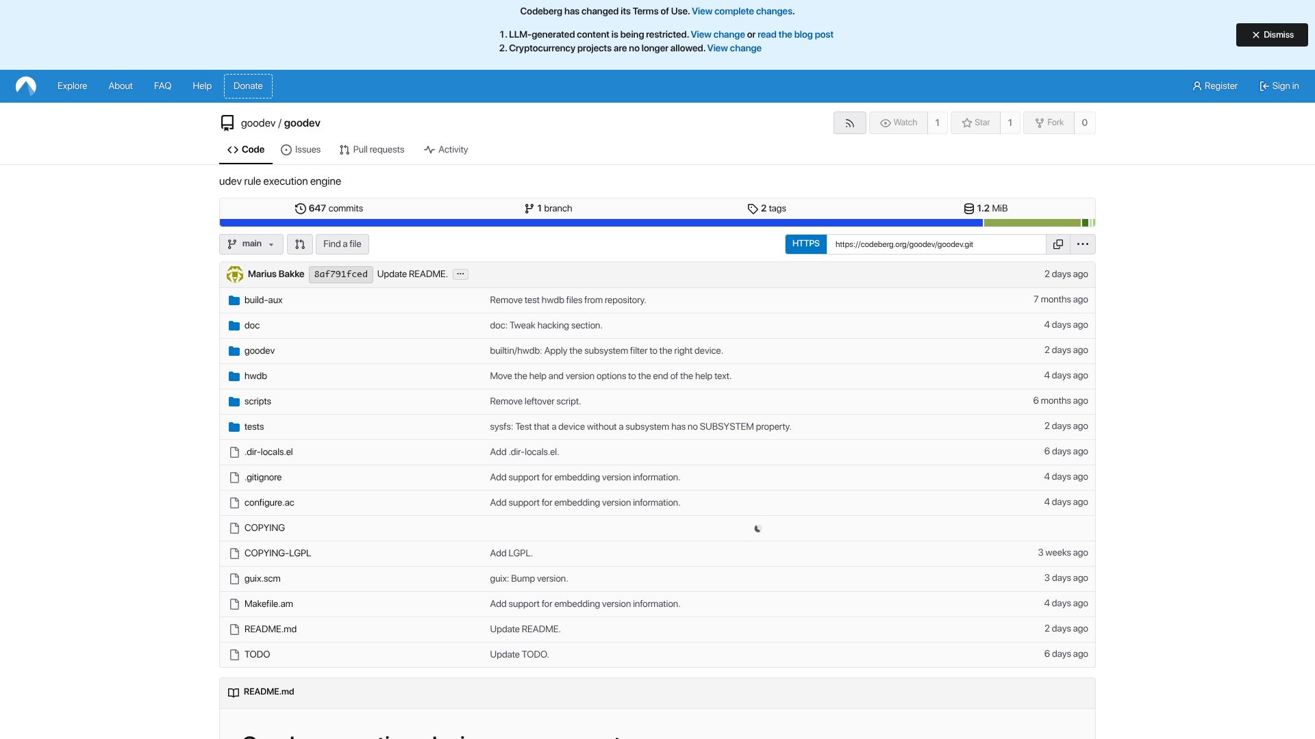 Screenshot of codeberg.org: Show HN: A udev implementation in Guile Scheme