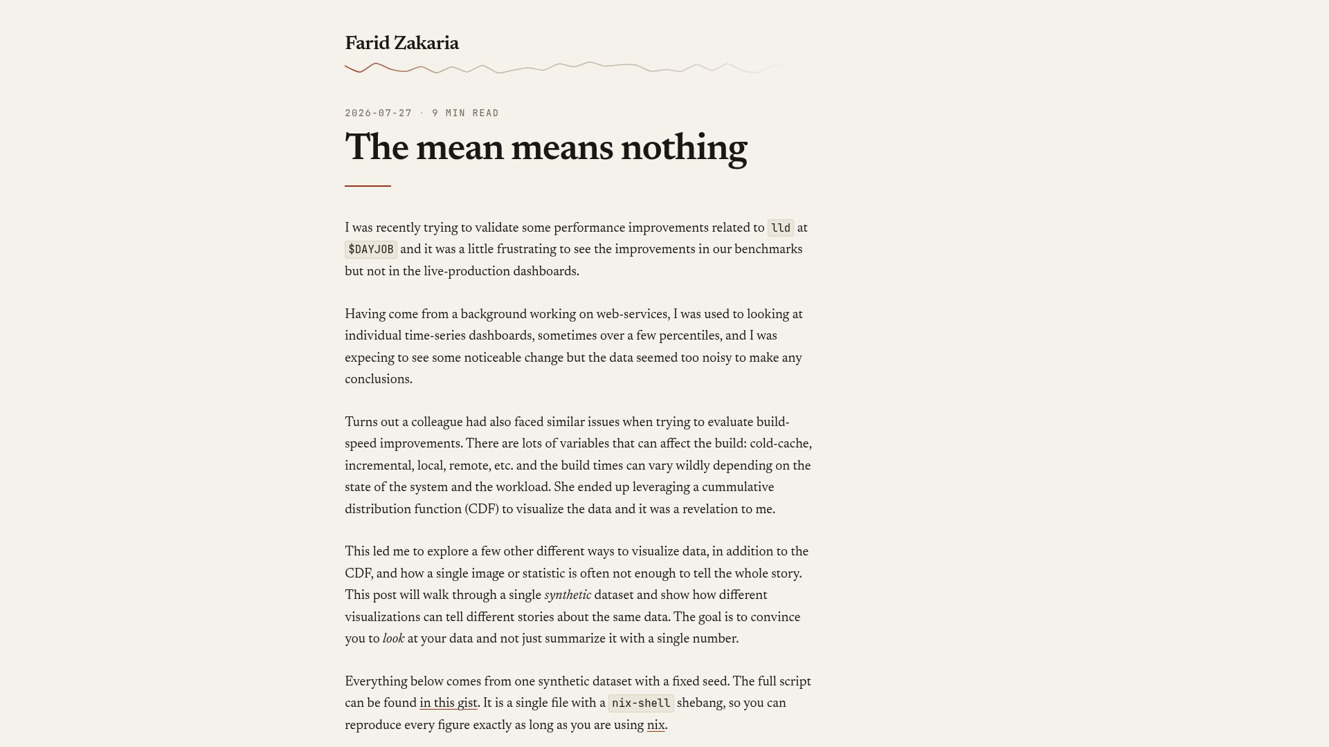 Screenshot of fzakaria.com: The mean means nothing: data visualization to debug a latency problem