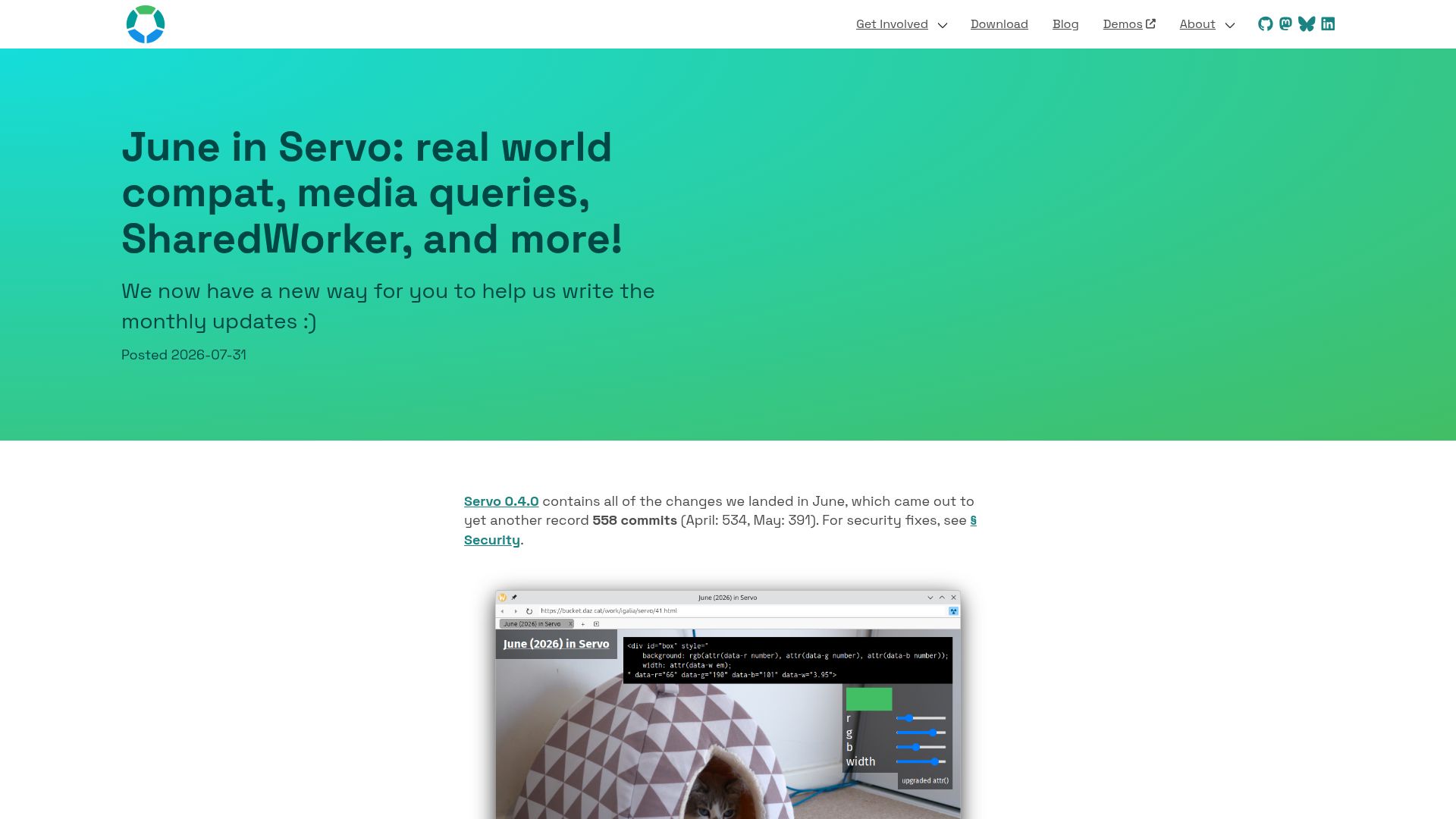 Screenshot of servo.org: June in Servo: real world compat, media queries, SharedWorker, and more