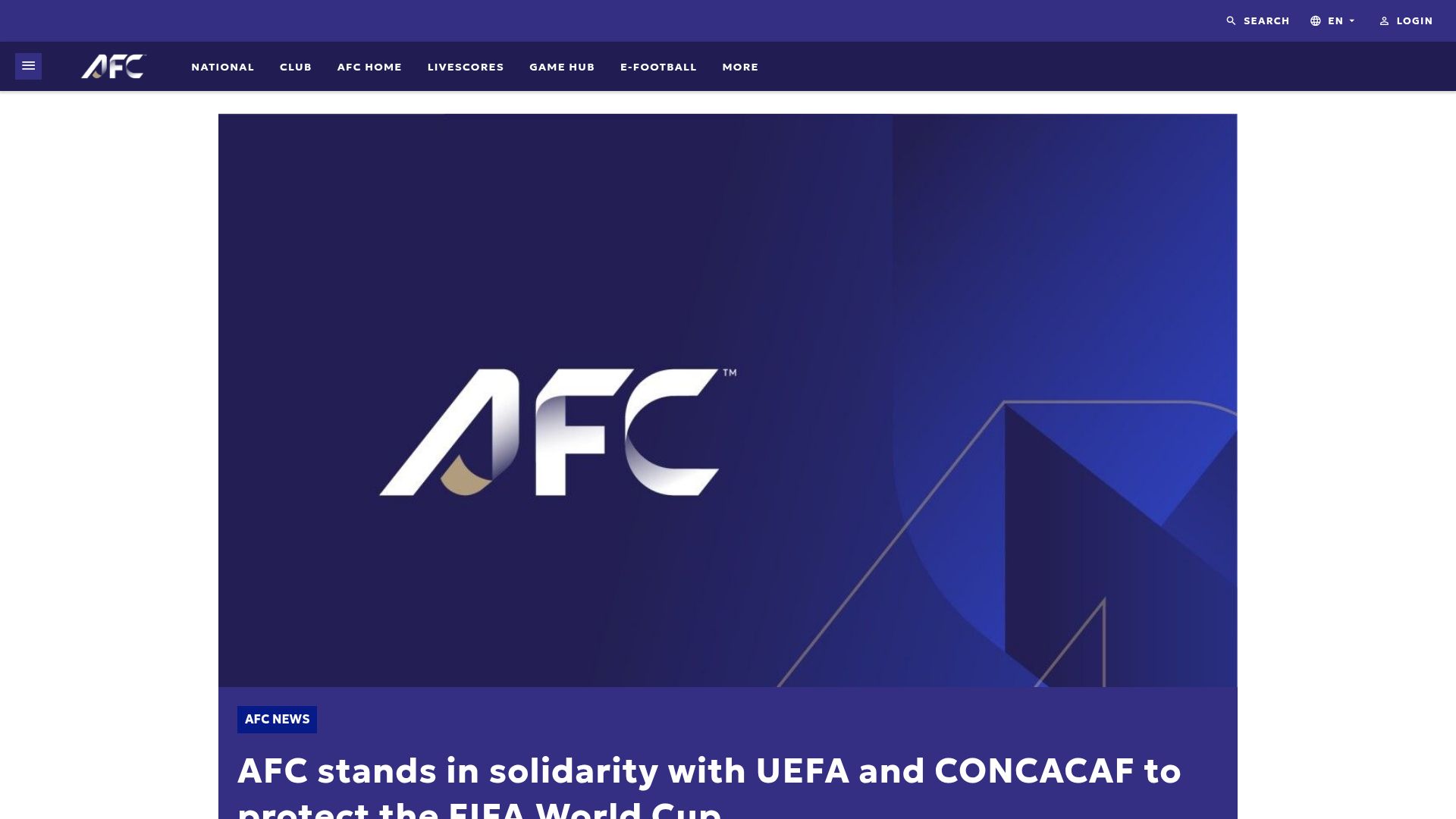 Screenshot of the-afc.com: AFC Stands in Solidarity with UEFA and Concacaf to Protect the FIFA World Cup