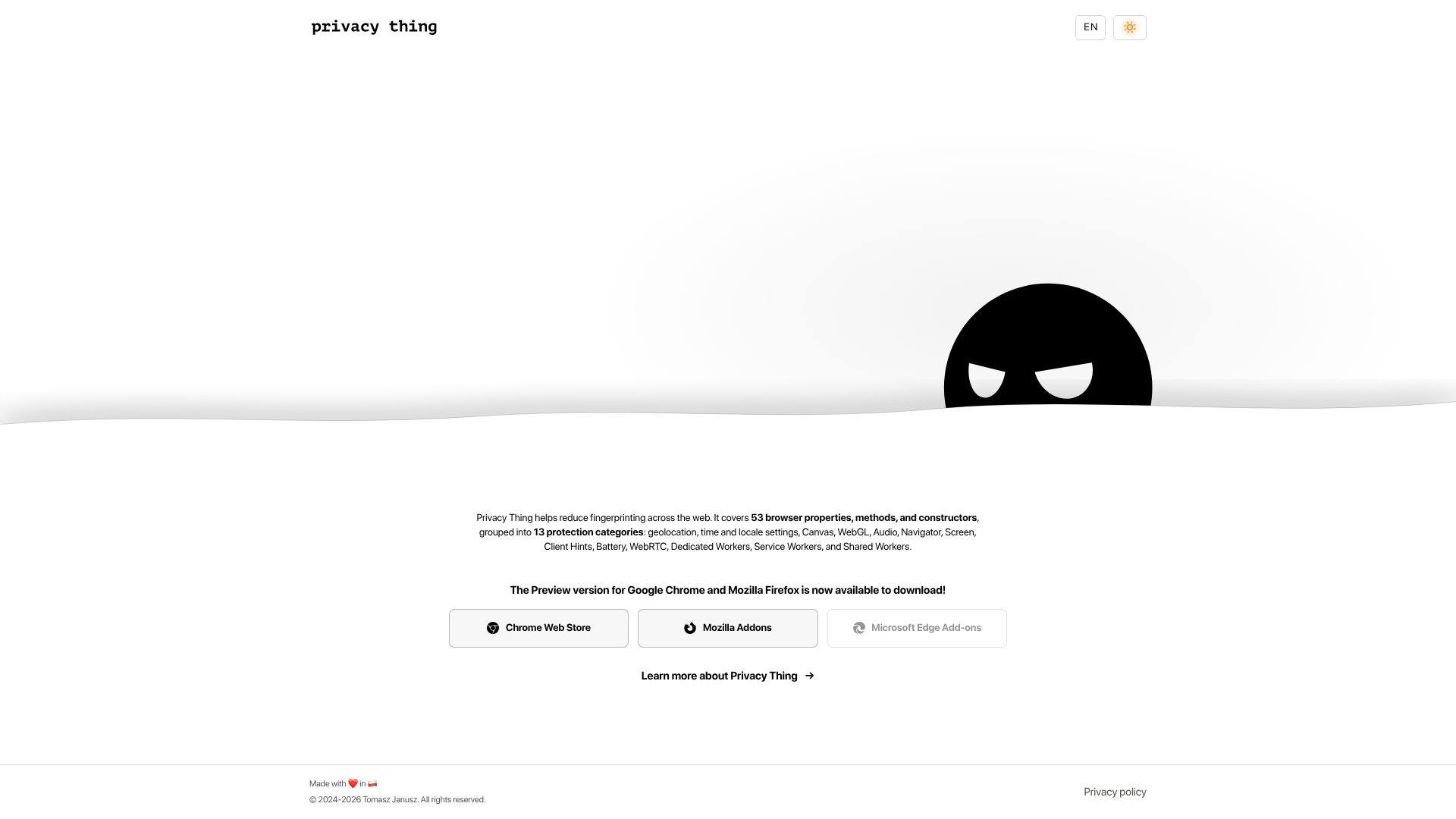 Screenshot of privacything.com: Show HN: I built a cross-browser extension that controls fingerprinting surfaces