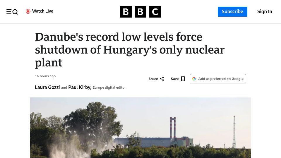 Screenshot of bbc.com: Danube's record low levels force shutdown of Hungary's only nuclear plant