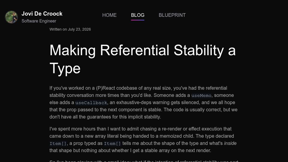 Screenshot of jovidecroock.com: Making Referential Stability a Type