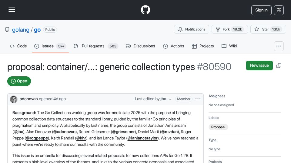 Screenshot of github.com: Golang proposal: container/: generic collection types
