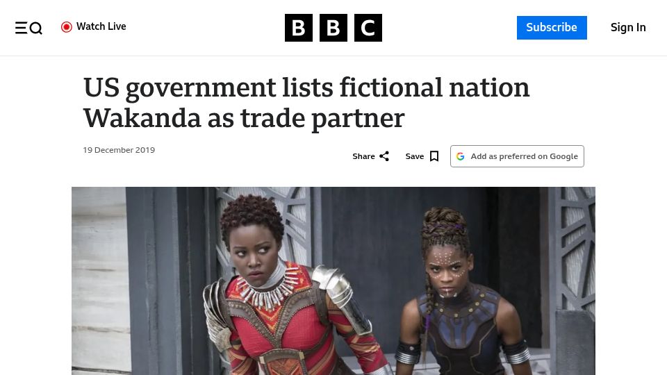 Screenshot of bbc.com: US Government lists fictional nation Wakanda as trade partner