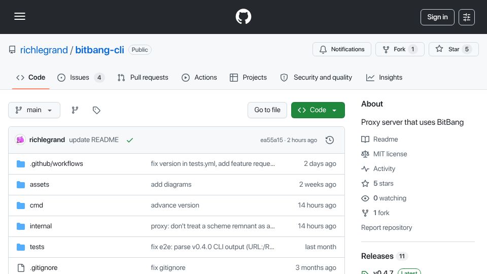 Screenshot of github.com: Show HN: BitBang – Reach machines behind NAT from a browser, no account