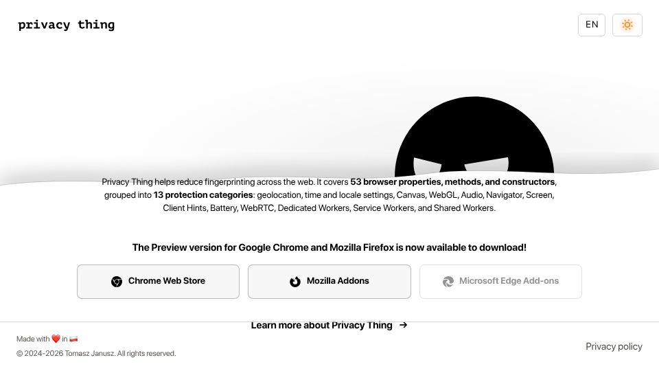 Screenshot of privacything.com: Show HN: I built a cross-browser extension that controls fingerprinting surfaces