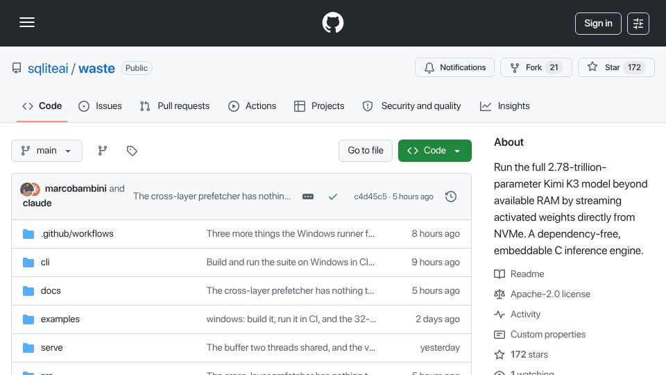 Screenshot of github.com: Run Kimi K3 using 29 GB of RAM at 0.50 tok/s