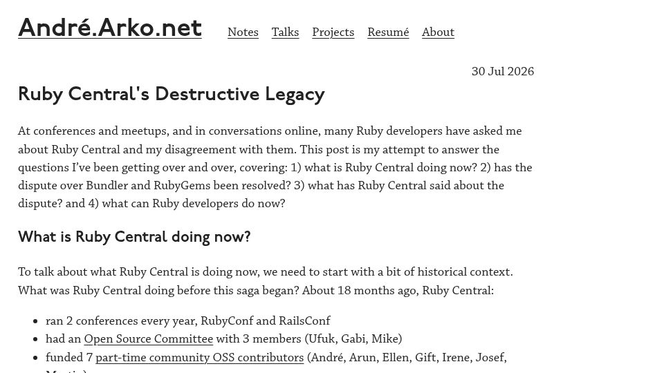 Screenshot of andre.arko.net: Ruby Central's Destructive Legacy
