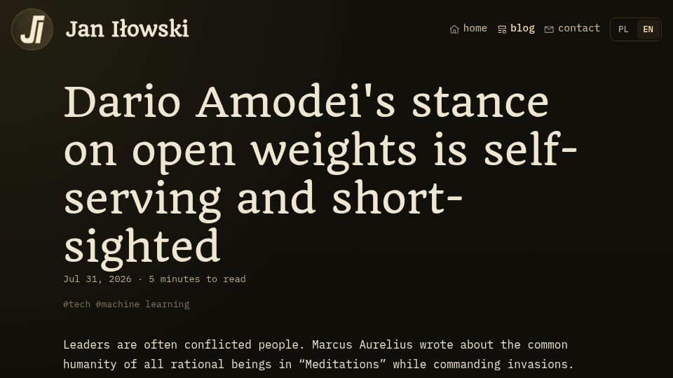 Screenshot of janilowski.pl: Dario Amodei's stance on open weights is self-serving and short-sighted