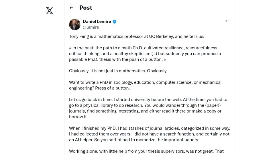 Screenshot of twitter.com: "the very foundation of modern academia has been blown to bits"