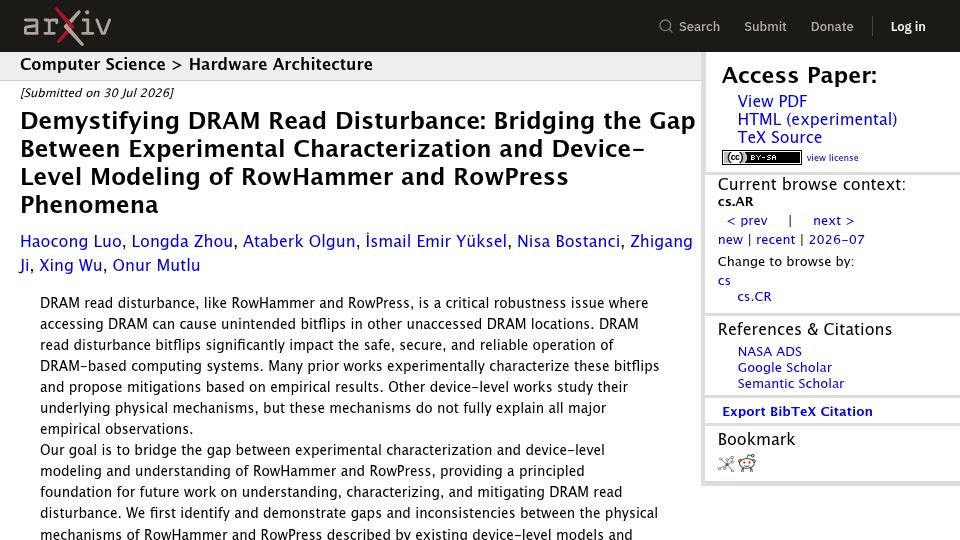 Screenshot of arxiv.org: Demystifying DRAM Read Disturbance: RowHammer and RowPress Phenomena