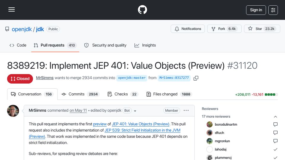 Screenshot of github.com: JEP 401: Value Objects (Preview) merged to OpenJDK master