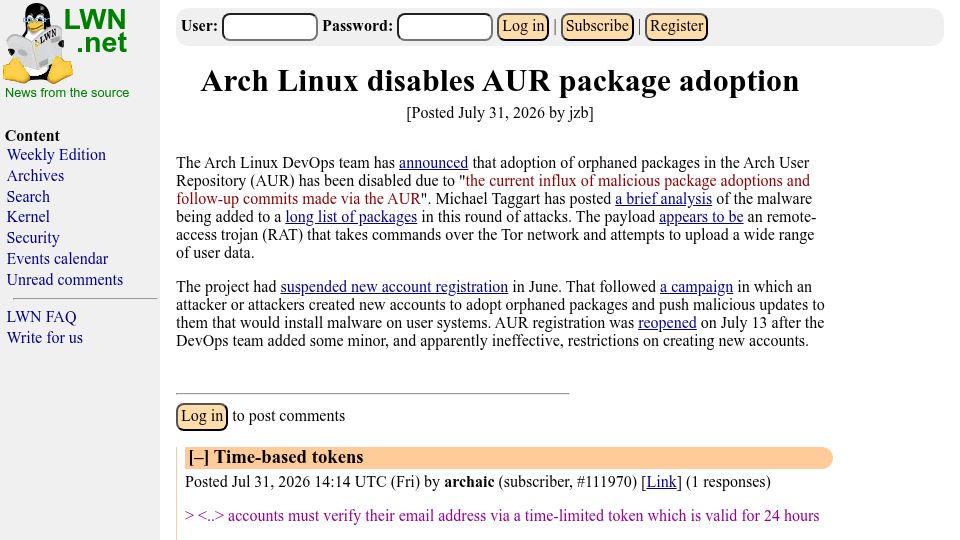 Screenshot of lwn.net: Arch Linux disables AUR package adoption