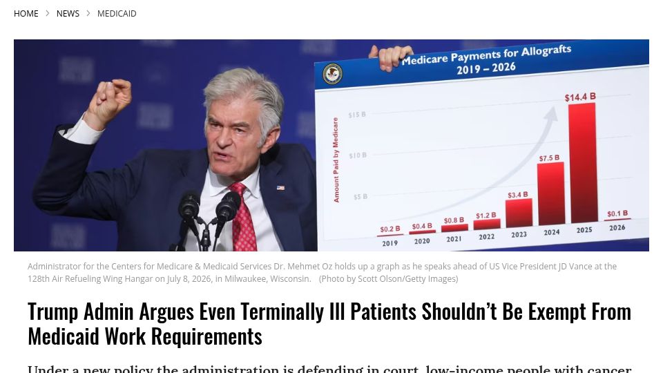 Screenshot of commondreams.org: Admin: Terminally Ill Patients Aren't Exempt from Medicaid Work Requirements