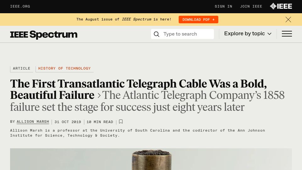 Screenshot of spectrum.ieee.org: The first transatlantic telegraph cable was a bold, beautiful failure (2019)