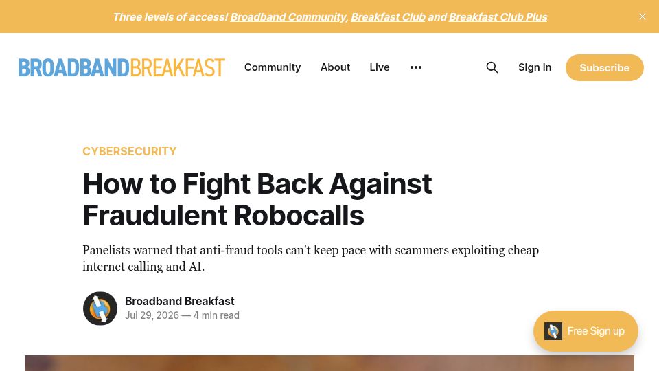 Screenshot of broadbandbreakfast.com: Anti-fraud tools can't keep pace with robocall scammers