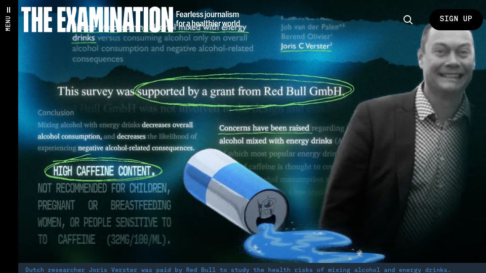 Screenshot of theexamination.org: Dubious research tied to Red Bull has shaped energy drink policy
