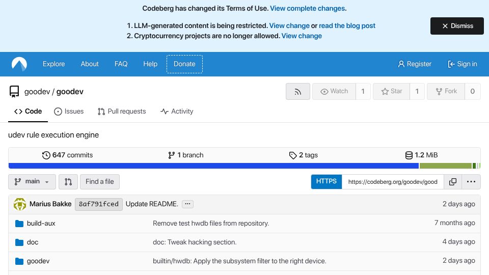 Screenshot of codeberg.org: Show HN: A udev implementation in Guile Scheme