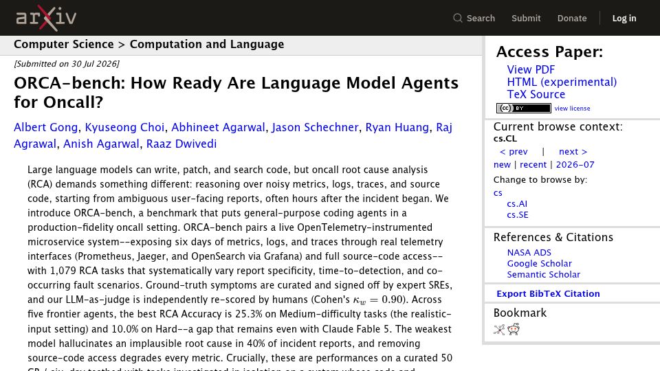 Screenshot of arxiv.org: Orca-Bench: How Ready Are Language Model Agents for Oncall?