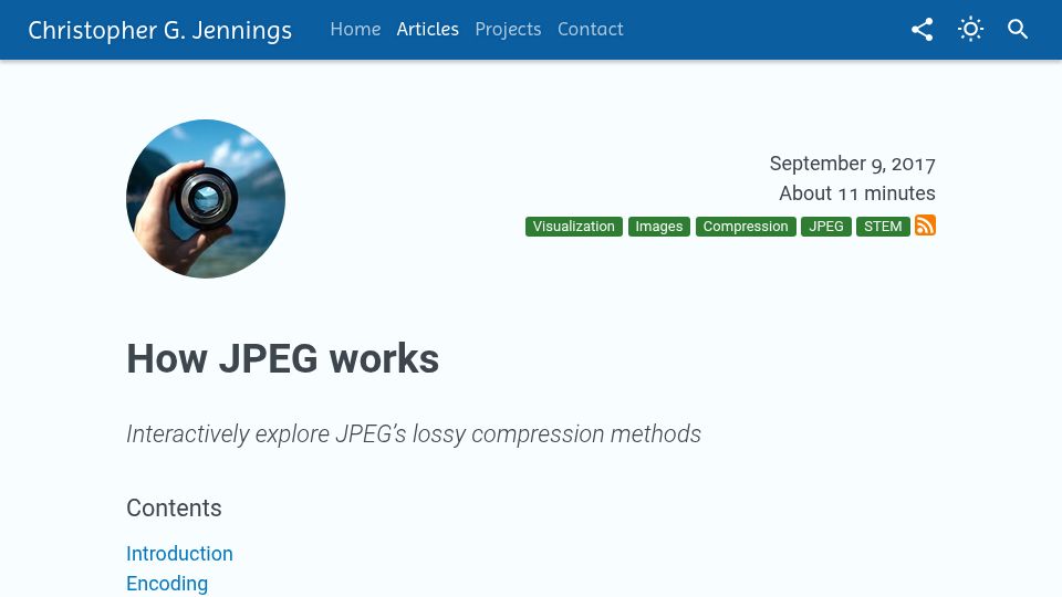 Screenshot of cgjennings.ca: How JPEG works: Interactively explore JPEG's lossy compression methods