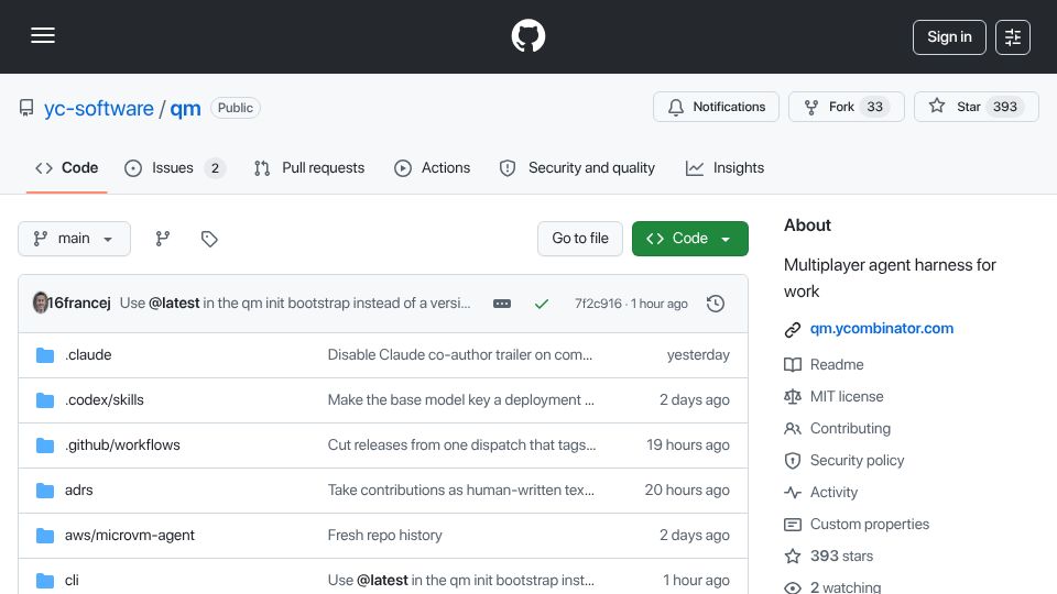 Screenshot of github.com: qm – Multiplayer agent harness for work