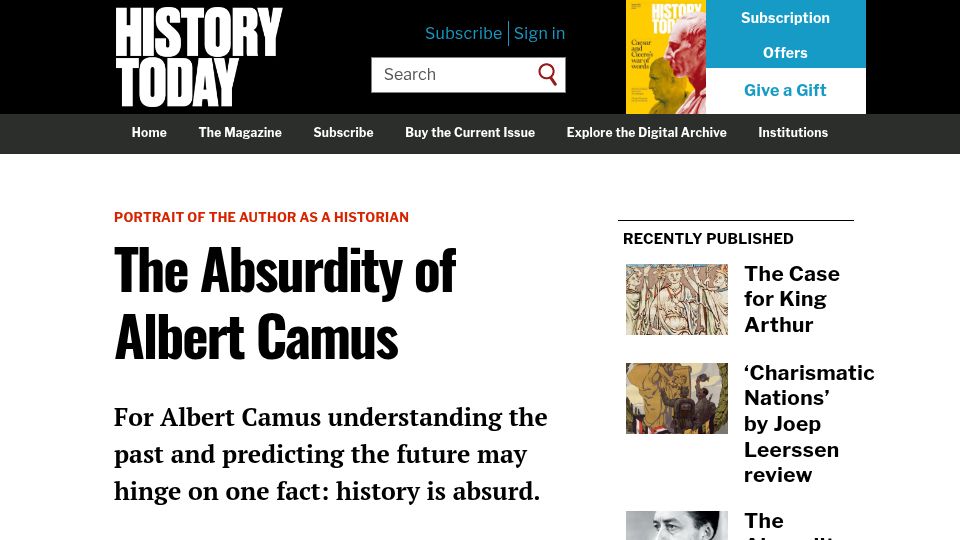 Screenshot of historytoday.com: The Absurdity of Albert Camus