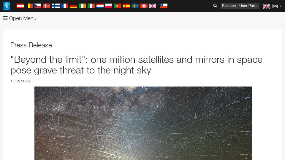 Screenshot of eso.org: “Beyond the limit”: Satellites and mirrors in space pose threat to the night sky
