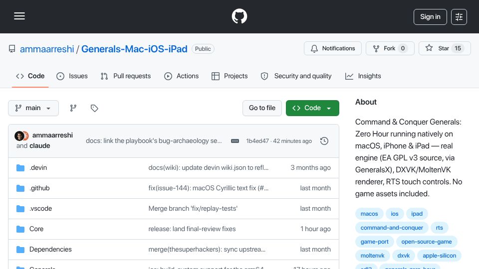 Screenshot of github.com: Command and Conquer Generals natively ported to macOS, iPhone, iPad using Fable