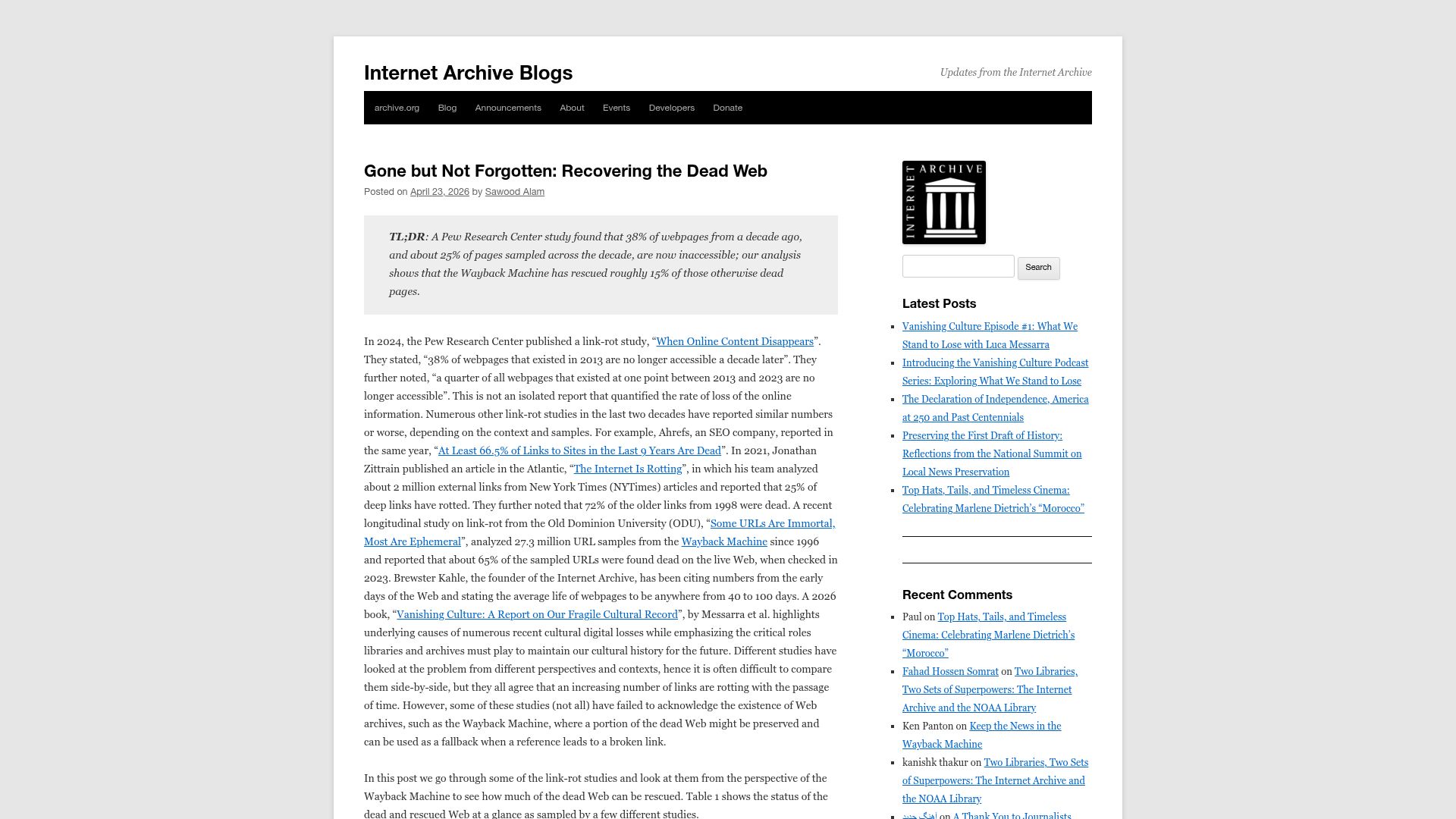 Screenshot of blog.archive.org: Gone but Not Forgotten: Recovering the Dead Web