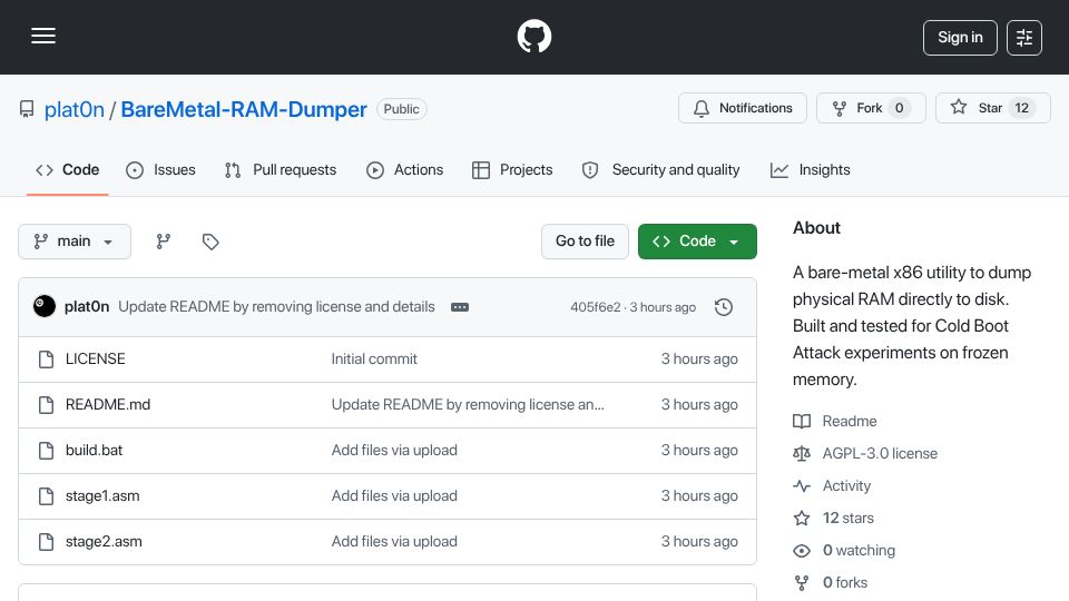 Screenshot of github.com: BareMetal RAM Dumper – Bare-metal x86 tool for Cold Boot Attack experiments
